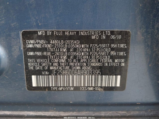 2010 Subaru Forester 2.5x Premium მანქანა იყიდება აუქციონზე, vin: JF2SH6CC6AH903395, აუქციონის ნომერი: 46181513