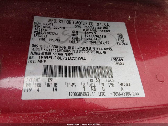 2003 Ford Expedition Eddie Bauer მანქანა იყიდება აუქციონზე, vin: 1FMFU18L73LC21094, აუქციონის ნომერი: 46181562