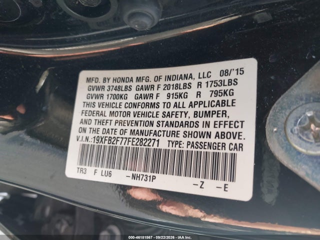 Aukcja sprzedaży 2015 Honda Civic Se, vin: 19XFB2F77FE282271, numer aukcji: 46181567