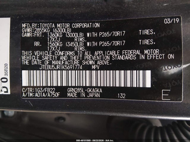 Продаж на аукціоні авто 2019 Toyota 4runner Sr5, vin: JTEBU5JR1K5691774, номер лоту: 46181569