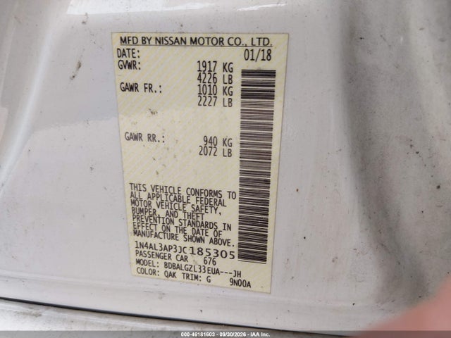 Продаж на аукціоні авто 2018 Nissan Altima 2.5 S, vin: 1N4AL3AP3JC185305, номер лоту: 46181603
