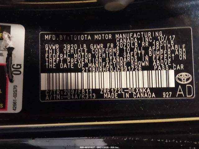 2018 Toyota Corolla Le მანქანა იყიდება აუქციონზე, vin: 2T1BURHE0JC991726, აუქციონის ნომერი: 46181627