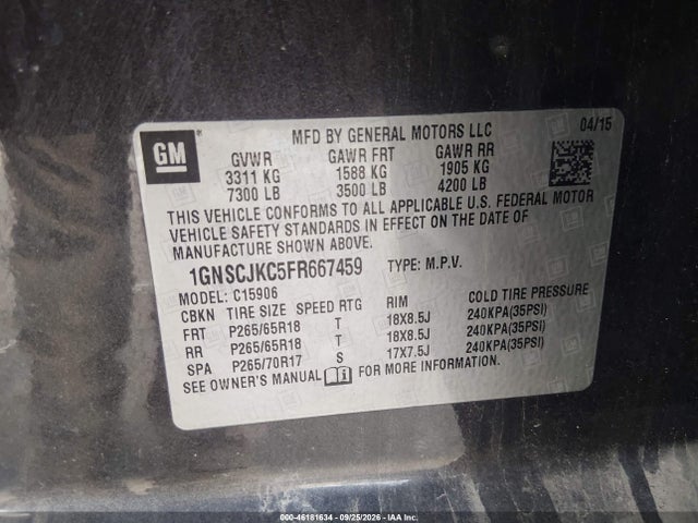 1GNSCJKC5FR667459 Chevrolet Suburban 1500 Lt