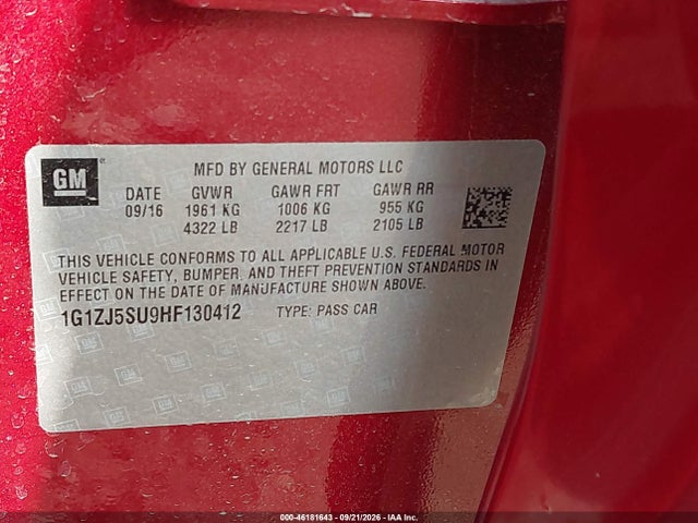 2017 Chevrolet Malibu Hybrid მანქანა იყიდება აუქციონზე, vin: 1G1ZJ5SU9HF130412, აუქციონის ნომერი: 46181643