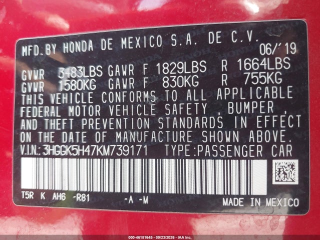 46181645 :رقم المزاد ، 3HGGK5H47KM739171 vin ، 2019 Honda Fit Lx مزاد بيع