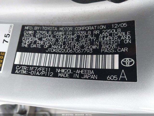 Aukcja sprzedaży 2006 Toyota Prius, vin: JTDKB22U067067793, numer aukcji: 46181654