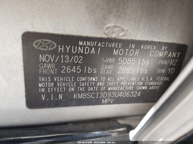 Aukcja sprzedaży 2003 Hyundai Santa Fe Gls/lx, vin: KM8SC13D93U406324, numer aukcji: 46181655