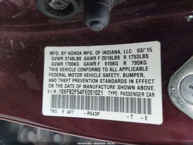 Aukcja sprzedaży 2015 Honda Civic Lx, vin: 19XFB2F54FE051021, numer aukcji: 46181657