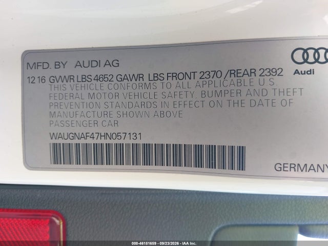 Aukcja sprzedaży 2017 Audi A4 2.0t Premium, vin: WAUGNAF47HN057131, numer aukcji: 46181659
