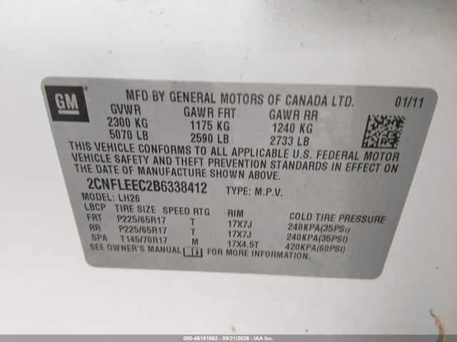 46181662 :رقم المزاد ، 2CNFLEEC2B6338412 vin ، 2011 Chevrolet Equinox 1lt مزاد بيع