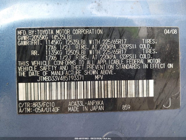 46181663 :رقم المزاد ، JTMBD33V485193371 vin ، 2008 Toyota Rav4 مزاد بيع