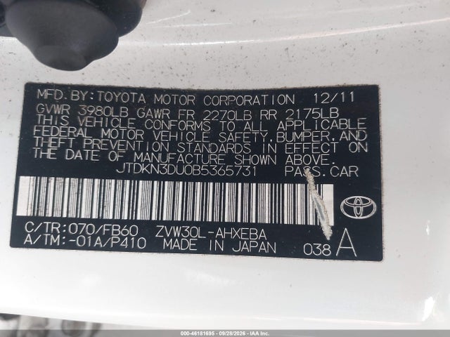 Продаж на аукціоні авто 2011 Toyota Prius Two, vin: JTDKN3DU0B5365731, номер лоту: 46181695