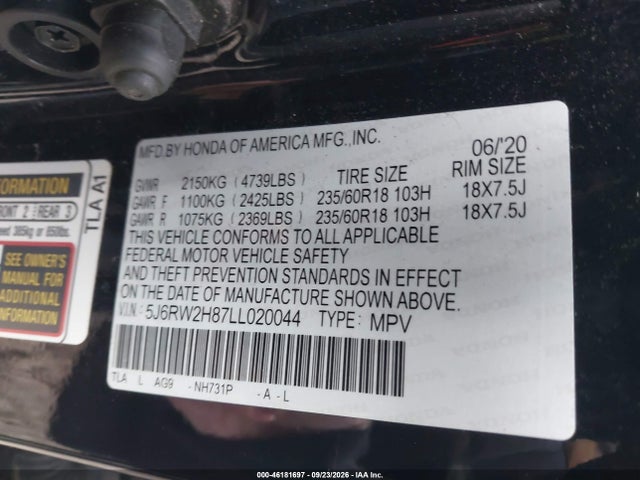 Продаж на аукціоні авто 2020 Honda Cr-v Awd Ex-l, vin: 5J6RW2H87LL020044, номер лоту: 46181697