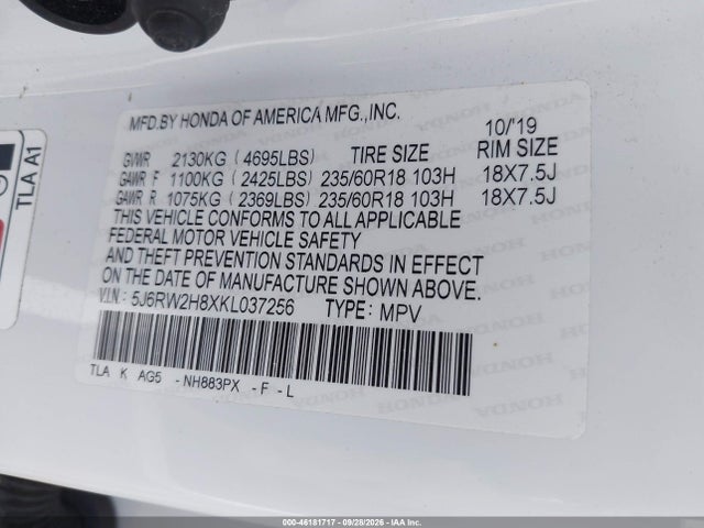 2019 Honda Cr-v Ex-l მანქანა იყიდება აუქციონზე, vin: 5J6RW2H8XKL037256, აუქციონის ნომერი: 46181717
