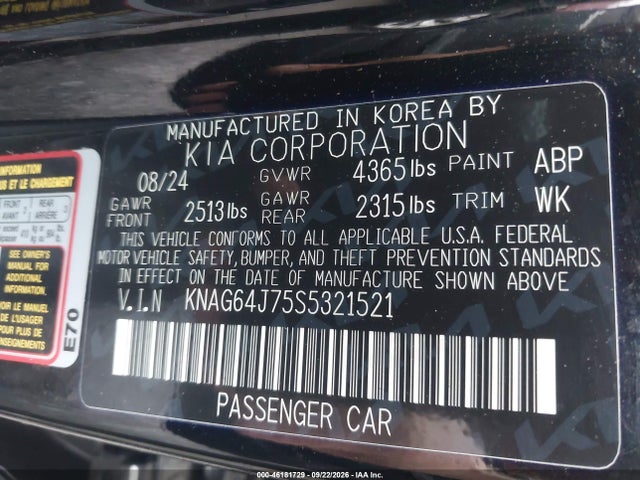Aukcja sprzedaży 2025 Kia K5 Gt-line, vin: KNAG64J75S5321521, numer aukcji: 46181729