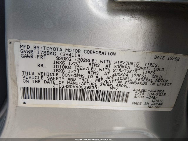 46181730 :رقم المزاد ، JTEGH20VX30095391 vin ، 2003 Toyota Rav4 مزاد بيع