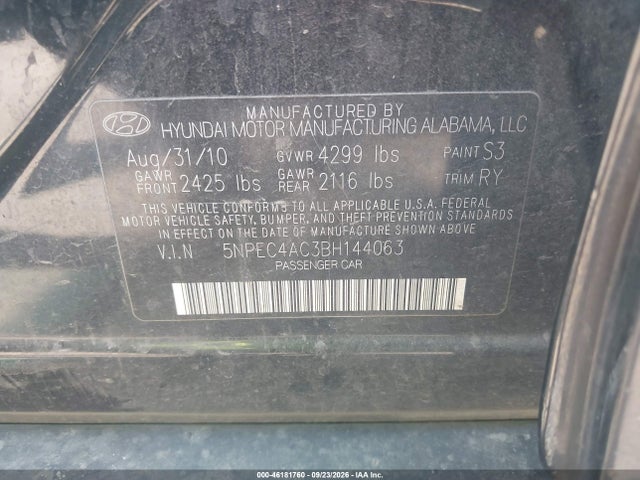 Продажа на аукционе авто 2011 Hyundai Sonata Se, vin: 5NPEC4AC3BH144063, номер лота: 46181760