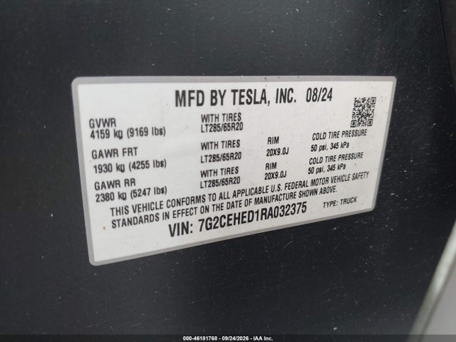 Продаж на аукціоні авто 2024 Tesla Cybertruck All-wheel Drive, vin: 7G2CEHED1RA032375, номер лоту: 46181768