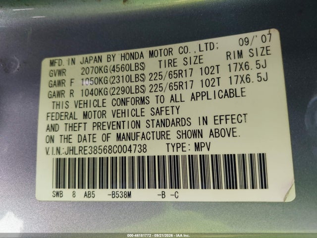 46181772 :رقم المزاد ، JHLRE38568C004738 vin ، 2008 Honda Cr-v Ex مزاد بيع