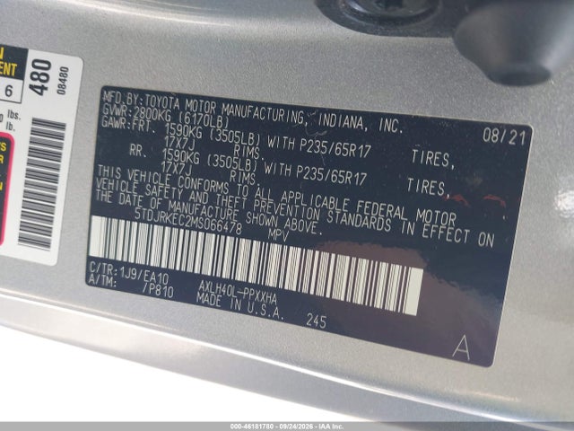 Aukcja sprzedaży 2021 Toyota Sienna Xle, vin: 5TDJRKEC2MS066478, numer aukcji: 46181780
