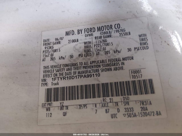Продаж на аукціоні авто 2007 Ford Ranger Stx/xl/xlt, vin: 1FTYR10D17PA99110, номер лоту: 46181783