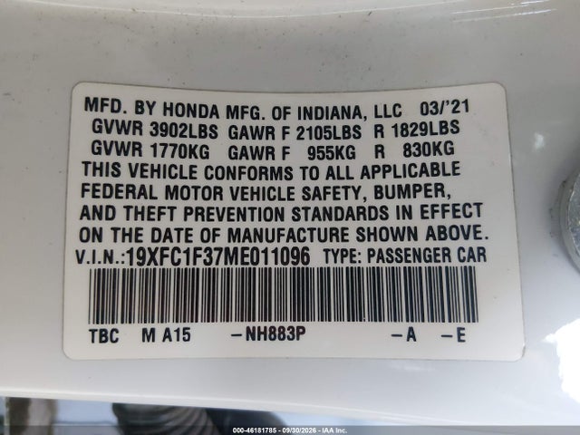 Aukcja sprzedaży 2021 Honda Civic Ex, vin: 19XFC1F37ME011096, numer aukcji: 46181785