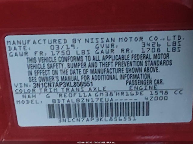 46181790 :رقم المزاد ، 3N1CN7AP3KL856551 vin ، 2019 Nissan Versa 1.6 Sv مزاد بيع