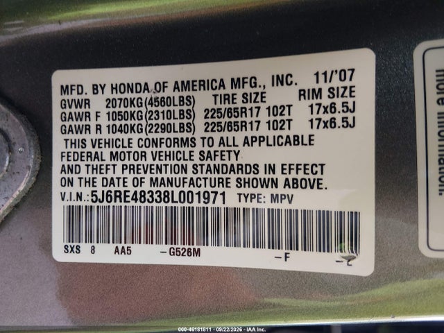 46181811 :رقم المزاد ، 5J6RE48338L001971 vin ، 2008 Honda Cr-v Lx مزاد بيع