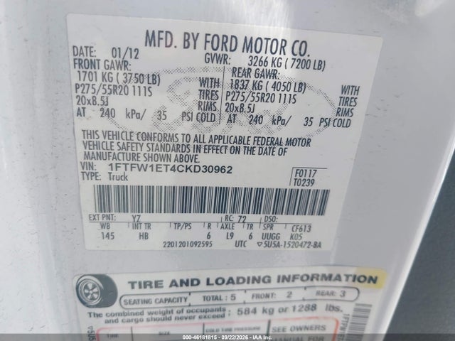 Aukcja sprzedaży 2012 Ford F-150 Lariat, vin: 1FTFW1ET4CKD30962, numer aukcji: 46181815