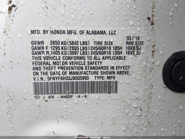 46181828 :رقم المزاد ، 5FNYF6H33JB035993 vin ، 2018 Honda Pilot Ex مزاد بيع