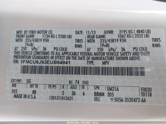 46181849 :رقم المزاد ، 1FMCU9J93EUB64941 vin ، 2014 Ford Escape Titanium مزاد بيع