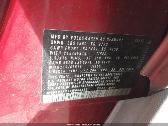 Продаж на аукціоні авто 2016 Volkswagen Tiguan S, vin: WVGBV7AX9GW050493, номер лоту: 46181851