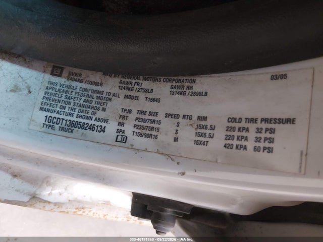 46181860 :رقم المزاد ، 1GCDT136058246134 vin ، 2005 Chevrolet Colorado Ls مزاد بيع
