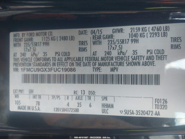 46181867 :رقم المزاد ، 1FMCU9GX3FUC19086 vin ، 2015 Ford Escape Se مزاد بيع
