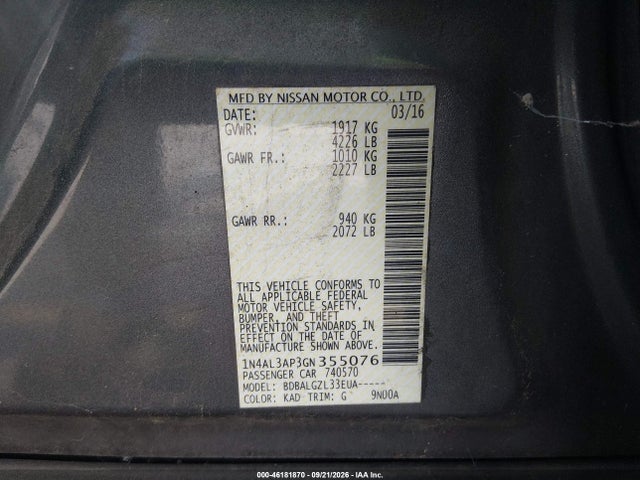Aukcja sprzedaży 2016 Nissan Altima 2.5/2.5 S/2.5 Sl/2.5 Sr/2.5 Sv, vin: 1N4AL3AP3GN355076, numer aukcji: 46181870