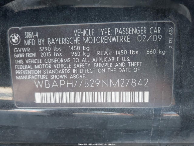 Aukcja sprzedaży 2009 Bmw 328i, vin: WBAPH77529NM27842, numer aukcji: 46181879
