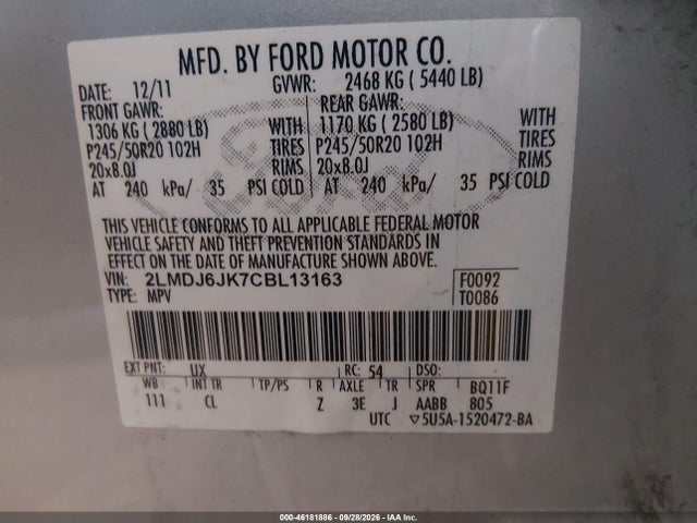 Продажа на аукционе авто 2012 Lincoln Mkx, vin: 2LMDJ6JK7CBL13163, номер лота: 46181886
