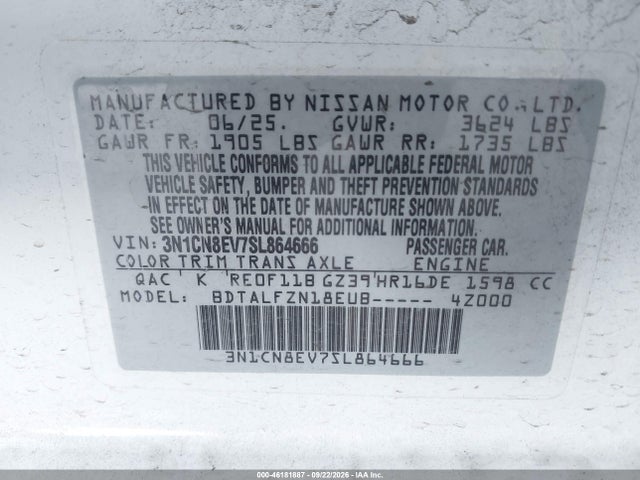 Aukcja sprzedaży 2025 Nissan Versa 1.6 Sv, vin: 3N1CN8EV7SL864666, numer aukcji: 46181887