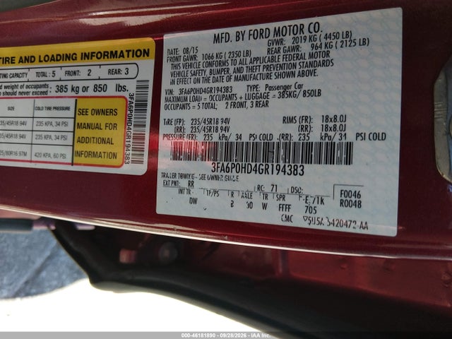 Продажа на аукционе авто 2016 Ford Fusion Se, vin: 3FA6P0HD4GR194383, номер лота: 46181890