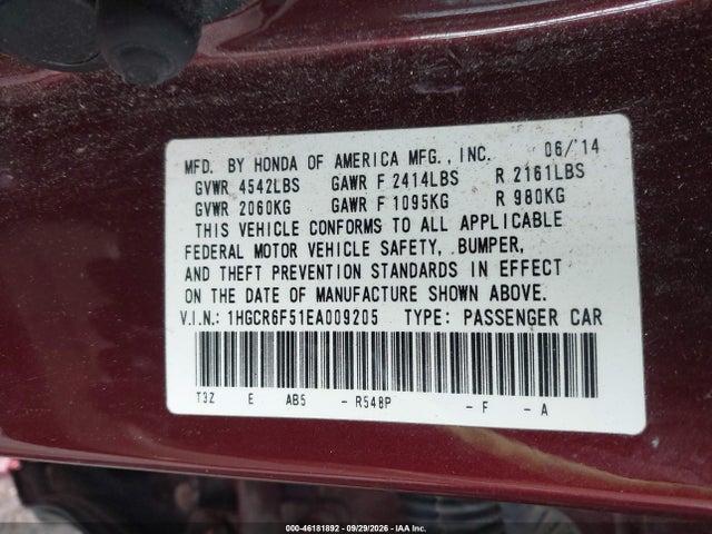 Aukcja sprzedaży 2014 Honda Accord Hybrid Ex-l, vin: 1HGCR6F51EA009205, numer aukcji: 46181892