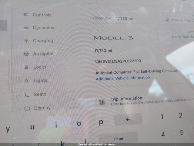 46181895 :رقم المزاد ، 5YJ3E1EA2PF622200 vin ، 2023 Tesla Model 3 Rear-wheel Drive مزاد بيع