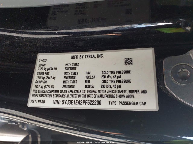 46181895 :رقم المزاد ، 5YJ3E1EA2PF622200 vin ، 2023 Tesla Model 3 Rear-wheel Drive مزاد بيع