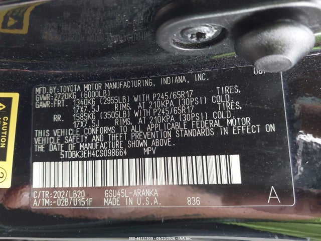 Продажа на аукционе авто 2012 Toyota Highlander Se V6, vin: 5TDBK3EH4CS098664, номер лота: 46181909