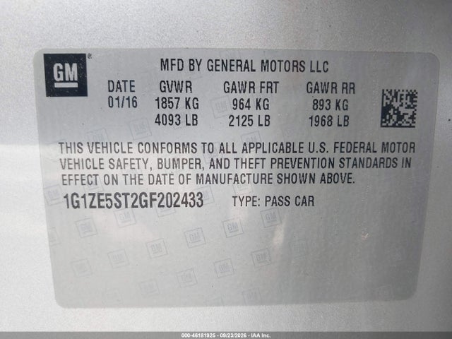 2016 Chevrolet Malibu 1lt მანქანა იყიდება აუქციონზე, vin: 1G1ZE5ST2GF202433, აუქციონის ნომერი: 46181925