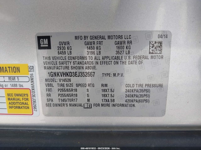 Продажа на аукционе авто 2014 Chevrolet Traverse 2lt, vin: 1GNKVHKD3EJ352667, номер лота: 46181933