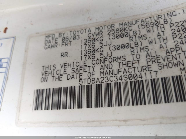 46181934 :رقم المزاد ، 5TDBA23C34S004117 vin ، 2004 Toyota Sienna Le مزاد بيع