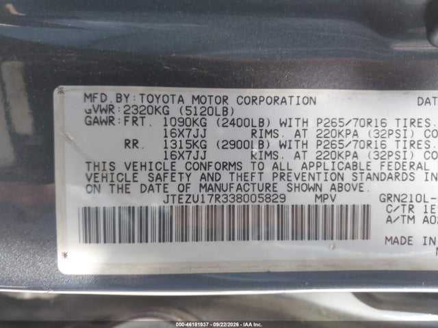 46181937 :رقم المزاد ، JTEZU17R338005829 vin ، 2003 Toyota 4runner Limited V6 مزاد بيع