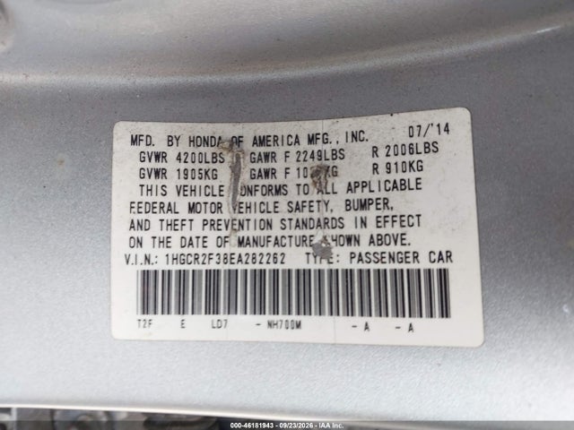 2014 Honda Accord Lx მანქანა იყიდება აუქციონზე, vin: 1HGCR2F38EA282262, აუქციონის ნომერი: 46181943