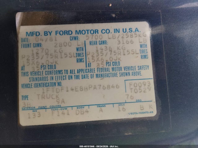 1981 Ford F150 მანქანა იყიდება აუქციონზე, vin: 1FTDF14E8BPA76846, აუქციონის ნომერი: 46181946
