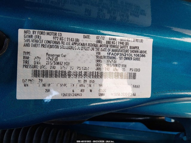 Продажа на аукционе авто 2013 Ford Focus Titanium, vin: 1FADP3N21DL108386, номер лота: 46181953